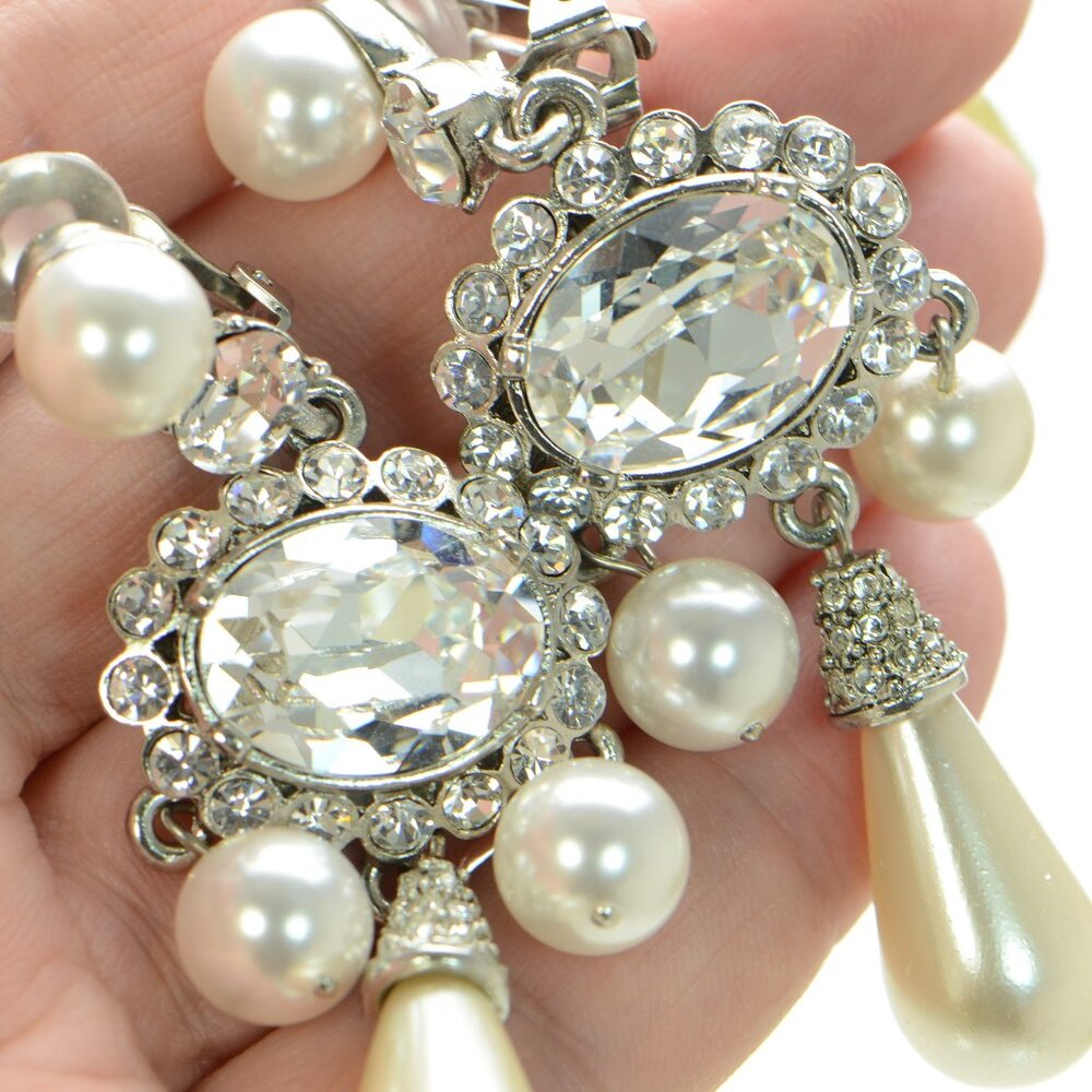 100% Authentic! Oscar de la Renta Crystal & Faux Pearl drop Earrings - Picture 7 of 9
